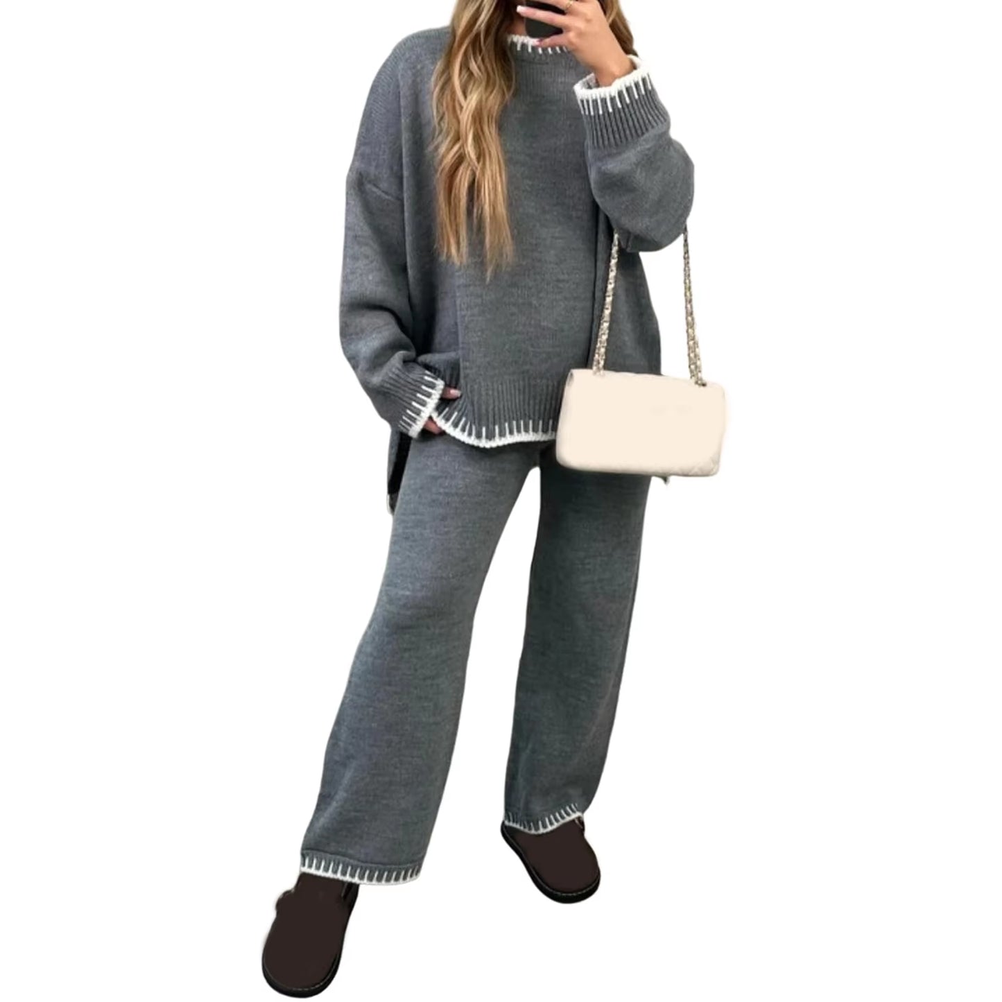 Women S 2 Piece Casual Knit Outfits Mid-Sleeve Crew Neck Sweater Top Pullover and Wide Leg Pants Loungewear Sets Streetwear