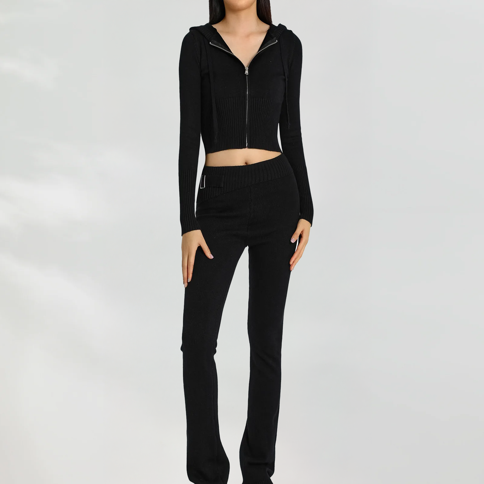 Style Cross-Border Knitted Hooded Suits Fashion Sexy High Waist Long Sleeves Trousers Two-Piece Set