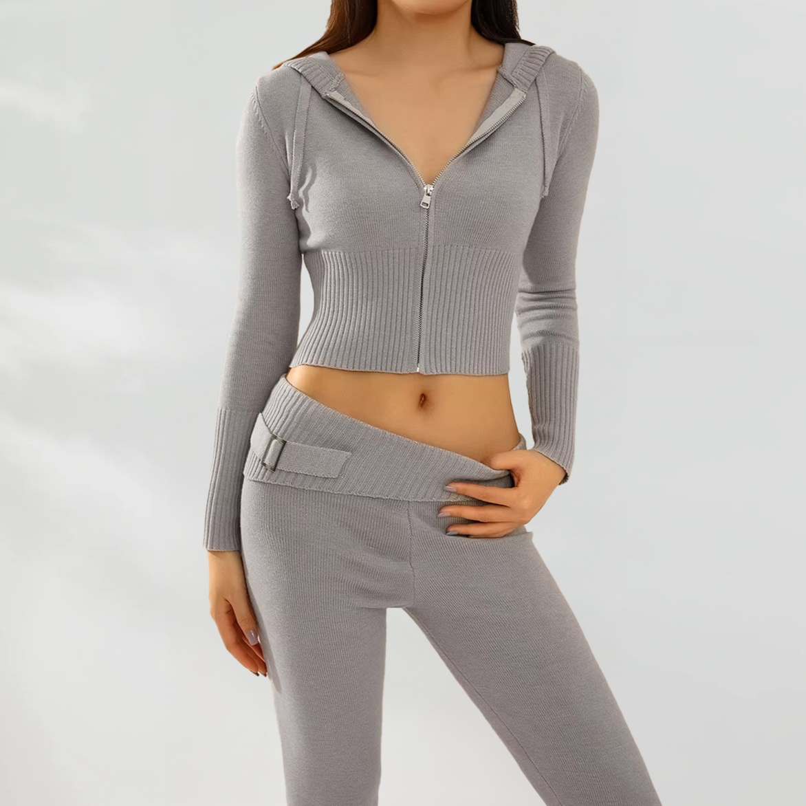 Style Cross-Border Knitted Hooded Suits Fashion Sexy High Waist Long Sleeves Trousers Two-Piece Set