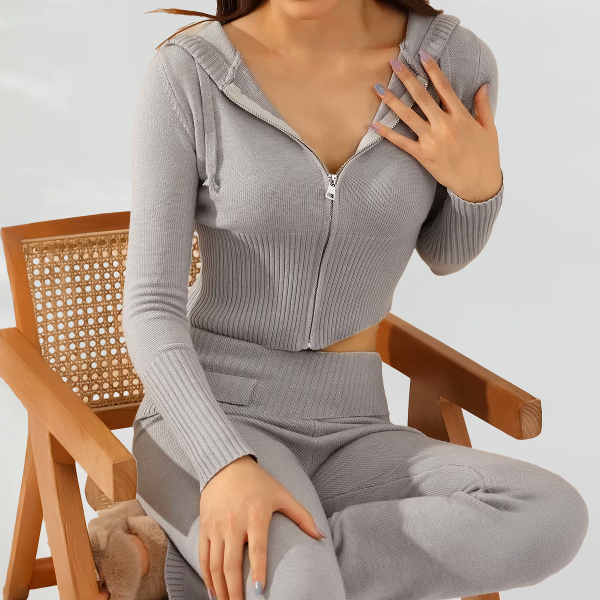 Style Cross-Border Knitted Hooded Suits Fashion Sexy High Waist Long Sleeves Trousers Two-Piece Set